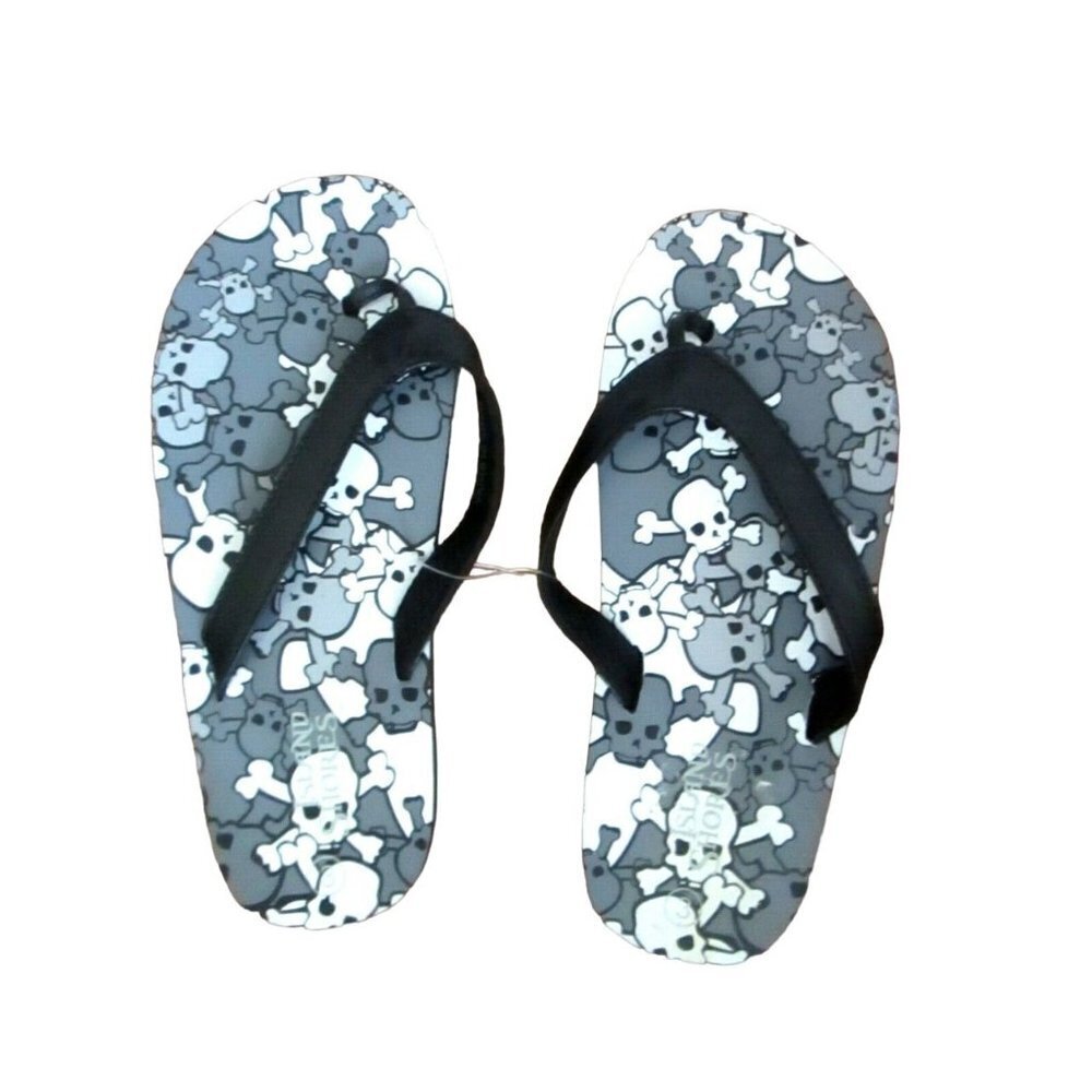 Island Shores Kids Flip Flops Youth Size 4 Gray/White Skull & Bones New